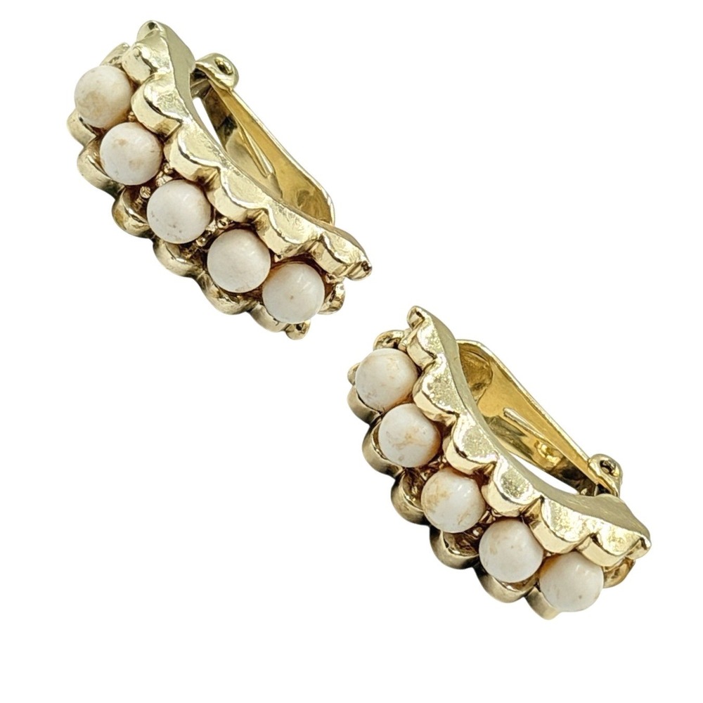Vintage Gold Tone Small Hoop‎ Pearl Drop Clip Earrings Retro Everyday Classic